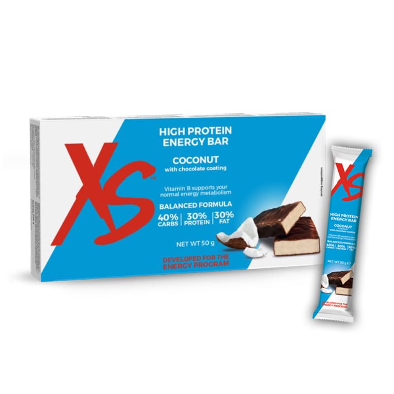 Barre énergétique hyperprotéinée XS™ – Goût noix de coco avec un enrobage au chocolat